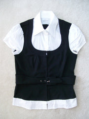Short-sleeved blouse with built-in black vest